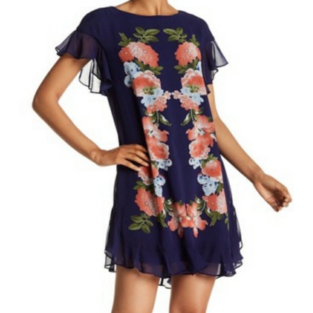 Sophie Max Blue Floral Ruffle Sleeve Dress NWT